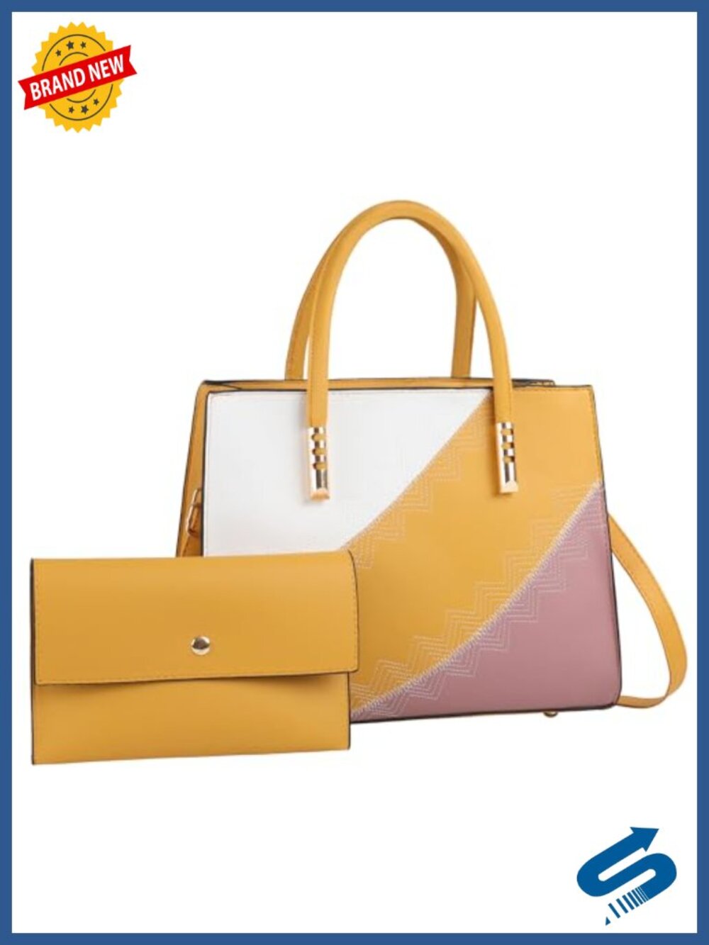 Color Block 2pc Tote and Clutch Set - PU Leather Satchel Handbags